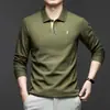 Polo de Algodón Puro de Manga Larga Transfronterizo para Hombre 2025 Otoño Nuevo Solapa Bordado Transpirable Moda Casual Camiseta de Hombre