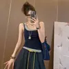Camisola Estilo Coreano com Painéis de Cores Contrastantes Falsa Peça Dupla Feminina para o Verão Peça Externa Afinando Corpo Roupas de Menina Hot Sem Mangas