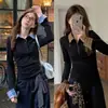 Gola de manhã [tecido original] falso duas peças costura xadrez gola polo outono manga longa camiseta feminina forro interno