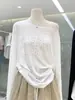 Camiseta Sexy de Manga Larga con Hombro Descubierto y Estampado de Letras de Espuma Estilo Perezoso Puro Deseo para Mujer, Cubre-Traje Delgado Casual de Primavera y Verano con Protección Solar
