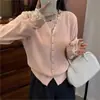 Cárdigan de Punto con Encaje Empalmado y Cuello en V Estilo Coreano para Mujer 2025 Otoño e Invierno Nuevo Suéter Base Holgado con Chaqueta para Mujer