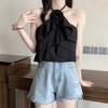 Camisola halter sem costas com babados para mulheres, verão, sexy, roupa externa, top interno slim curto