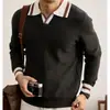 Roupa masculina com gola color block, top de malha masculina, camisa polo slim fit de alta qualidade da moda, camisa masculina de manga comprida