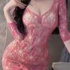 Lencería Sexy para Mujer, Falda Corta Talla Grande, Mono Jacquard de Manga Media con Huecos en la Entrepierna, Pijama de Puro Deseo, Malla Sexy de una Pieza