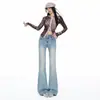 Jeans Flares de Cintura Alta Elástico com Botão Duplo Estilo Coreano Laranja Juvenil para Mulheres, Slim Fit, Calças Boca de Sino Estilosas e Versáteis