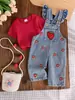 Roupas para Bebês Meninas 0-24M Menina Recém-Nascida Primavera/Verão Camiseta de Costas Curta Manga Curta + Macacão Jeans Bordado