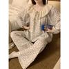 Pijama de Algodón Nube con Encaje y Solapa Grande para Mujer Primavera y Otoño Cuadros Dibujos Animados Conjunto de Ropa para el Hogar de Estudiante