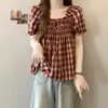 2026 Verano Nuevo Estilo Francés Retro Cuadrado Dulce Lazo Mangas Abullonadas Cuadros Camisa Top de Manga Corta
