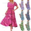 Vestido largo plisado con estampado floral y mangas abullonadas para mujer, primavera y verano 2024, estilo transfronterizo, estilo europeo y americano