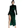 Vestido Longo Elegante Plissado de Gola Alta Manga Longa Feminino Slim-Fit Novo Outono e Inverno Europeu e Americano Transfronteiriço Vestido de Festa