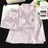 Elegante conjunto de dos piezas de jacquard de manga larga con almohadillas en el busto, conjunto de dos piezas de ropa de dormir para el hogar para mujer, suave y amigable con la piel