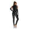 Couro sintético PU brilhante couro sintético espelho lingerie sexy feminina zíper sobre a virilha boate peça única roupa de couro