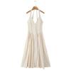 7602-25 Nuevo Estilo de Verano Estilo Europeo y Americano Albaricoque Elegante Correa en la Cintura Cuello Halter Cuello en V Vestido de Longitud Media
