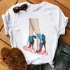 Europeia e Americana de manga curta de verão feminina rosa salto alto estampada camiseta camiseta branca de manga curta camiseta feminina plus size
