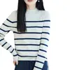 Novo suéter de malha listrado color-block com gola redonda e meia-altura para mulheres, gola redonda, mangas compridas, corte solto, versátil, modelador, algodão puro, top minimalista