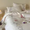 Juego de cuatro piezas bordado de algodón de fibra larga estilo francés, sábana bajera de algodón puro, funda de edredón, sábana ajustable, estilo princesa, adecuado para dormir desnudo en dormitorios, juego de tres piezas