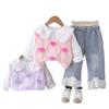 Camisa de encaje para niñas de primavera y otoño, Suéter de manga larga con forma de corazón y diamantes, Conjunto elegante de tres piezas para niños