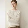 Camada base de malha de cashmere 100% de três fios com gola redonda para mulheres, suéter de manga longa, caimento solto, versátil, quente, com mangas raglã