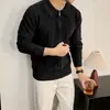 Camisa de outono em tricô jacquard com listras verticais e zíper vertical, estilo old money, anti-pilling, casual, polo versátil para homens e mulheres