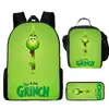 Mochila Escolar Infantil Monstruo de Pelo Verde Grinch Mochila para Estudiante de Primaria Bolsa de Comida Estuche para Lápices Mochila de Tres Piezas Venta al por Mayor Transfronteriza
