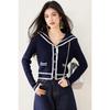 Chaqueta Cardigan Tejida Estilo Retro Francés Chanel para Mujer Nueva Llegada Azul Xizang Cuello Marino Suéter Holgado Top de Manga Larga