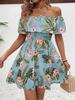 Transfronterizo Verano 2026 Elegante Vestido de Una Pieza para Mujer Estampado Hombros Descubiertos con Volantes Falda Línea A Estilo Europeo y Americano