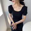 Jiazi Manga Abullonada de Commuter Manga Corta Delgado Seda de Hielo Elegante Delgado Top de Punto Delgado para Mujer Verano B7055