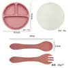 Prato de silicone infantil com compartimentos, tampa contra poeira com ventosa, conjunto garfo e colher, grau alimentício, utensílios para suplementos alimentares, transfronteiriço em estoque