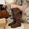Especial Doble Doce: Botas Largas de Piel de Vaca de Caña Ancha 2026 Otoño/Invierno Gamuza Punta Redonda Tacón Grueso Caídas para Mujer