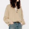 Suéter de Tricô com Gola Redonda, Aplicação de Renda, Tricô Falso Duas Peças, Suéter Feminino e Simples com Gola Henley para Mulheres, Roupa Feminina para Exportação
