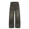 G6953 Estilo High Street Americano Unisex Streetwear Vintage Diseño Desgastado Jeans Sueltos que Aumentan la Altura para Hombres