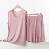 Conjunto de dos piezas para mujer de modal con cuello en V, top sin mangas y shorts, fino de verano, talla grande, nuevo, holgado, conjunto para casa