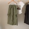 Saia de Alta Qualidade Estilo Workwear 2026 com Bolsos de Cordão, Saia Primavera/Verão com Fenda nas Costas, Saia de Cintura Alta de Comprimento Médio
