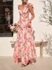 Moda Feminina Transfronteiriça Nova Verão 2026 Estampada com Amarração nas Costas Flare Elegante Vestido Longo para Mulheres