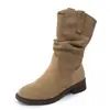 Botines vaqueros occidentales de gamuza plisada, botines retro ajustados, botines de tacón de bloque, nueva colección otoño 2026, botines de tacón grueso para mujer