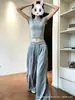 Pantalones largos grises de cordones para mujer, estilo verano fino, talla petite, pantalones casuales holgados, de cintura alta, adelgazantes, estilo casual, pantalones rectos de pierna ancha