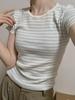 Camiseta de rayas de manga corta Vintage Niche para mujer, estilo Spice Girls, de verano, ajustada, con hombros descubiertos y elegante combinación.