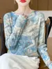 Lyocell Tencel 2026 Primavera/Verão Feminino Tie-Dye Curto Casual Gola Redonda Manga Longa Camada Base Experimente o Top Versátil