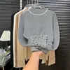 Diseño de cadena perforada, textura de ganchillo, cuello semi-alto, capa base de punto, top elegante y versátil de manga larga para otoño e invierno para mujer
