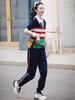 2025 Ropa Moda Estilo Deportivo Traje Casual Combinación de Colores Cuello Medio Abierto Jersey Suelto Manga Corta Dos Piezas Ropa de Mujer