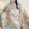Camisa Floral de Manga Corta Estilo Pastoral para Mujer, Verano Holgada, Top de Tres Botones Adelgazante, Camisa Pulóver Versátil para Figuras Petite