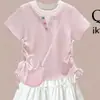 Dulce Atuendo de Dopamina para Niñas Mayores, Nuevo Conjunto de Dos Piezas de Moda de Verano para Niñas, Conjunto de Falda de Manga Corta con Cordón Falso de Dos Piezas