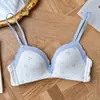 Conjunto de Sujetador Transpirable Fino de Encaje Francés de Color Contrastante Estilo Girly Sin Aros con Soporte Push-Up Anti-Caída Cómodo