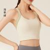 Roupa íntima esportiva azul-celeste com costas bonitas, colete fitness integrado de alta resistência à prova de choque, almofada fixa no peito, cintura justa, mostrada para mulheres