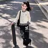 Conjunto Nuevo de Primavera y Otoño para Niñas 2026: Conjunto de Cárdigan de Punto Patchwork a Cuadros de Contraste de Color y Pantalones de Pierna Ancha de Encaje Dulce