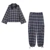 Comércio Exterior Atacado Outono e Inverno Roupas Femininas Conjunto de Jaqueta de Algodão com Capuz Xadrez e Calça Cargo Xadrez de Cintura Alta Estilo Lanterna