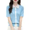 Cardigan de Meia Manga em Mistura de Algodão Lyocell, Novo Estilo de Verão para Mulheres, Gola Peter Pan, Peça de Roupa Externa Redutora de Idade e Estilosa com Design em Cor Contrastante