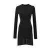 Vestido Puro Estilo Luxúria Gola Redonda Manga Longa Outono Novo Cintura Emagrecedora Sexy Saia Curta Visual Emagrecedor Saia Assimétrica no Quadril