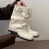 Botas de cavaleiro inverno da moda perna de calça 2026 aumento de altura empilhadas primavera e outono novas botas longas Martin retrô enrugadas bico redondo salto alto