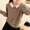 Cardigan suéter de malha com gola polo de renda e mangas compridas para mulheres, primavera e outono, caimento solto, emagrecedor, peça de outer wear elegante e de alta qualidade
